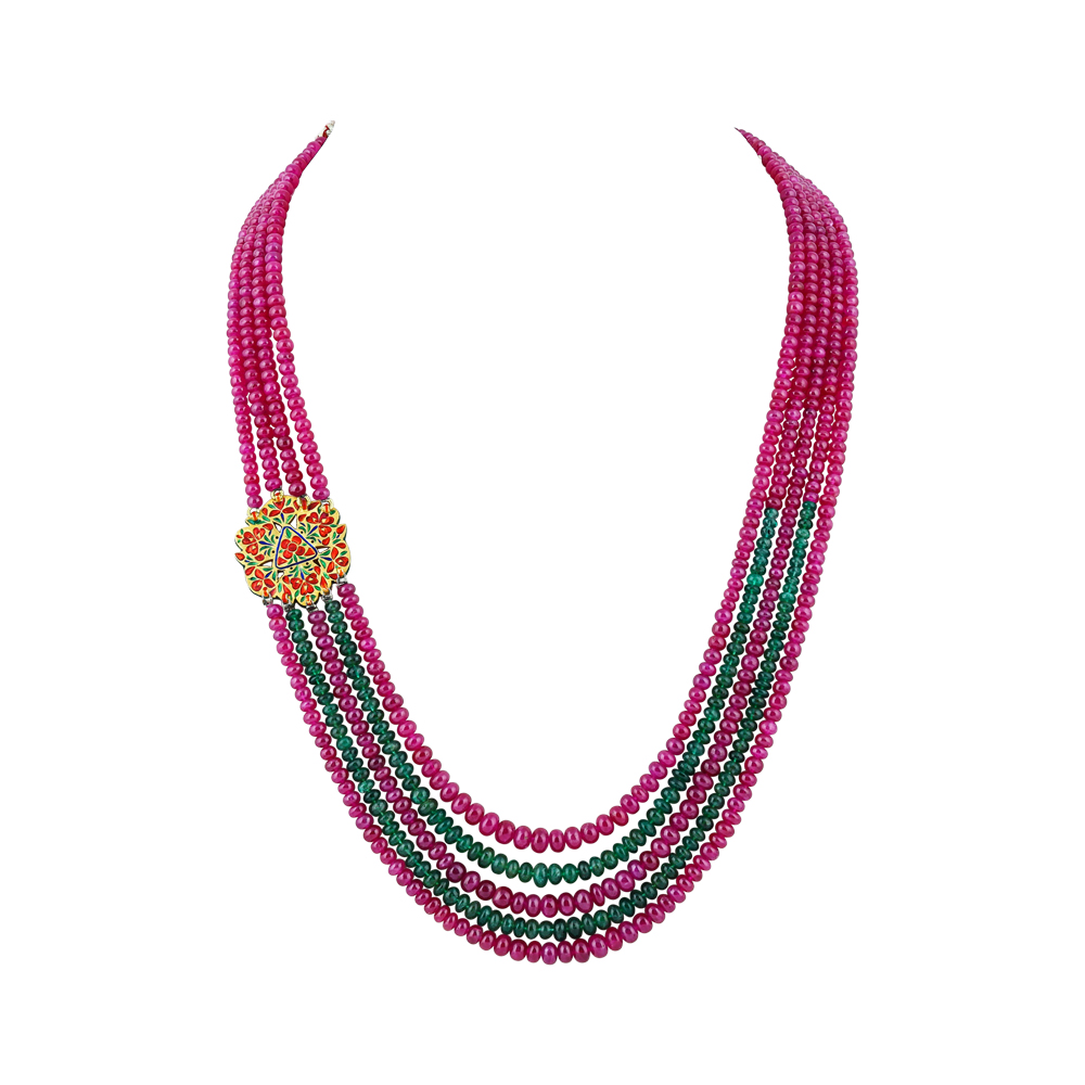 Multi-Strand Ruby and Emerald Necklace with Polki Floral Motif